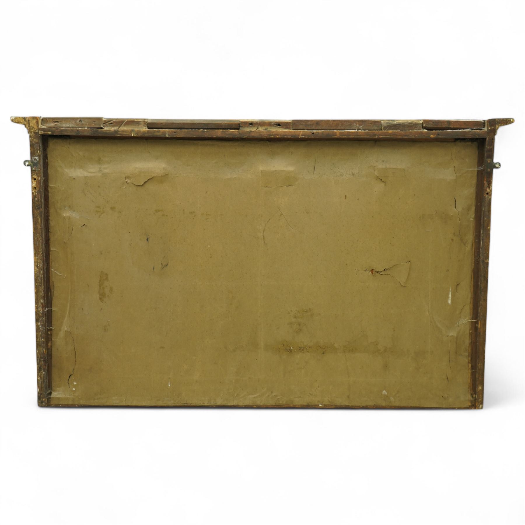 Early 19th century Regency giltwood and gesso overmantel mirror, rectangular plate within a black inner border, form with stepped cornice above a frieze carved with shell and foliate motifs, flanked by swell turned fluted pilasters with applied anthemion decoration