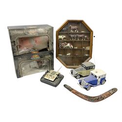 Two Bburago die-cast 'Metal Models' cars comprising Ferrari and Jaguar SS 100, two remote control toy cars, animal figures in glazed wood case etc