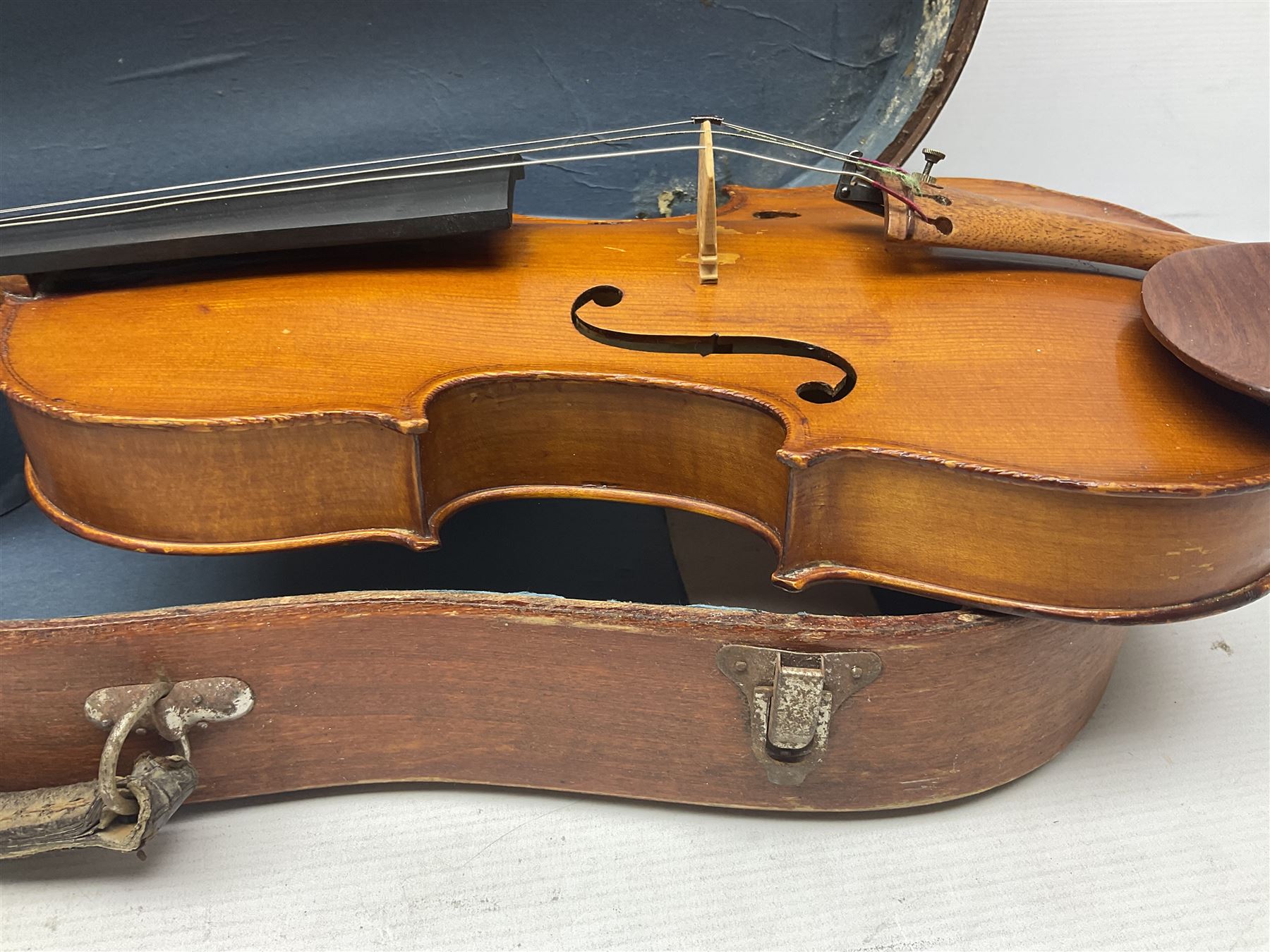 20th century French violin with 36cm one-piece maple back and ribs and spruce top L59cm overall; in mahogany stained wooden carrying case