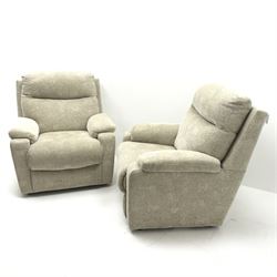 Three seat sofa upholstered in a stone patterned fabric (W200cm) and two matching armchairs (W95cm)