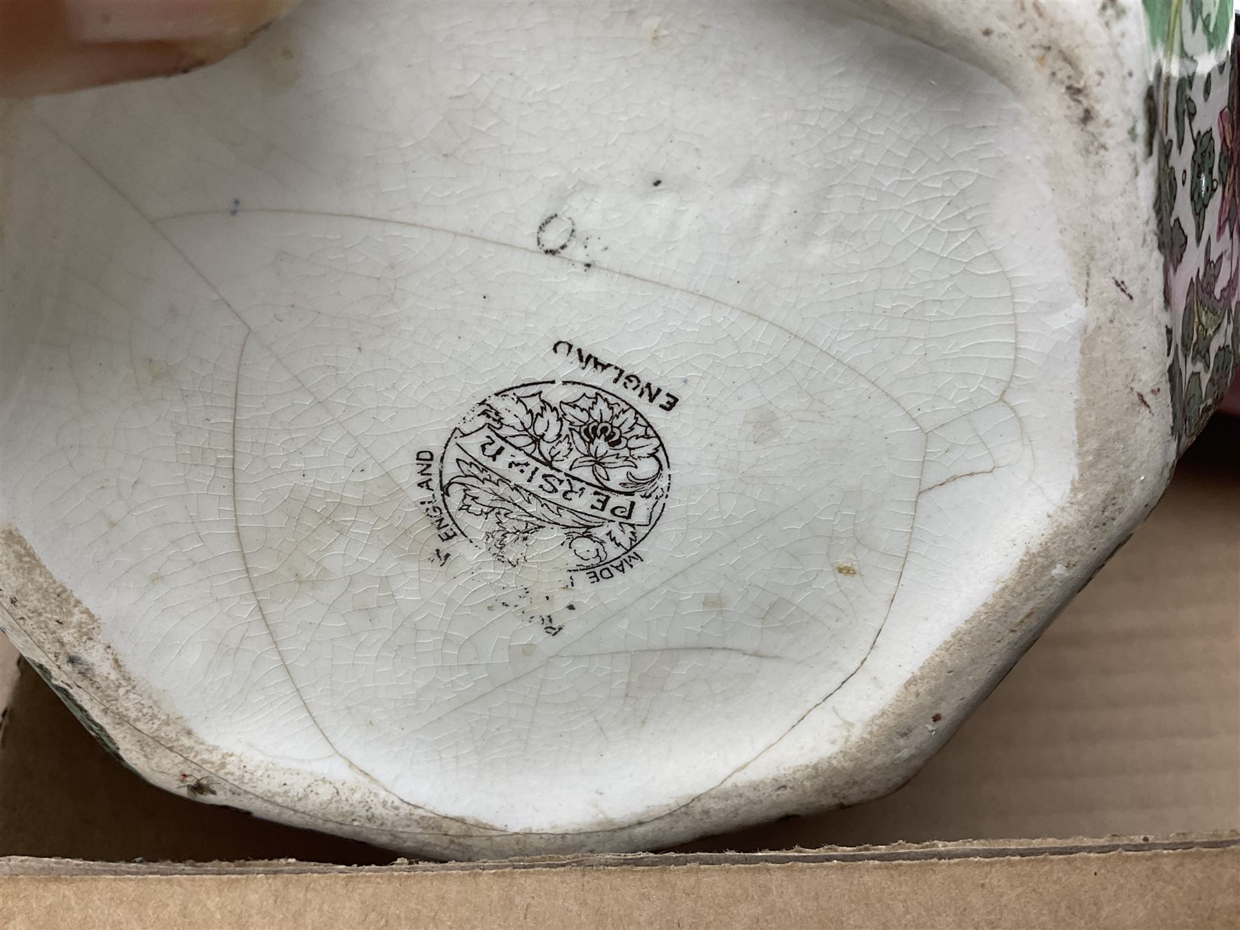 Blue and white meat platter and a similar blue and white meat draining plate, together with a pink ceramic floral jug and bowl, three packs of church candles and a wooden screen, etc 