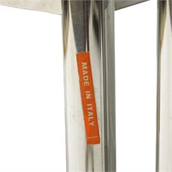 Set of eight 1980s chrome and upholstered dining chairs, curved back bar over padded seats upholstered in blue fabric, on tubular chrome frames