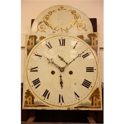  19th century rosewood cross banded and boxwood strung mahogany long case clock, with swan neck pediment, inlaid ovals and lancet door enclosed by brass capped Corinthian columns, 20in arched painted Roman dial with subsidiary date and seconds, 8-day movement striking on a bell, H240cm,   