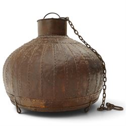 19th century and later Indian wrought iron riveted strapwork light fitting shade, modelled on a water vessel, with wrought iron hanging chain