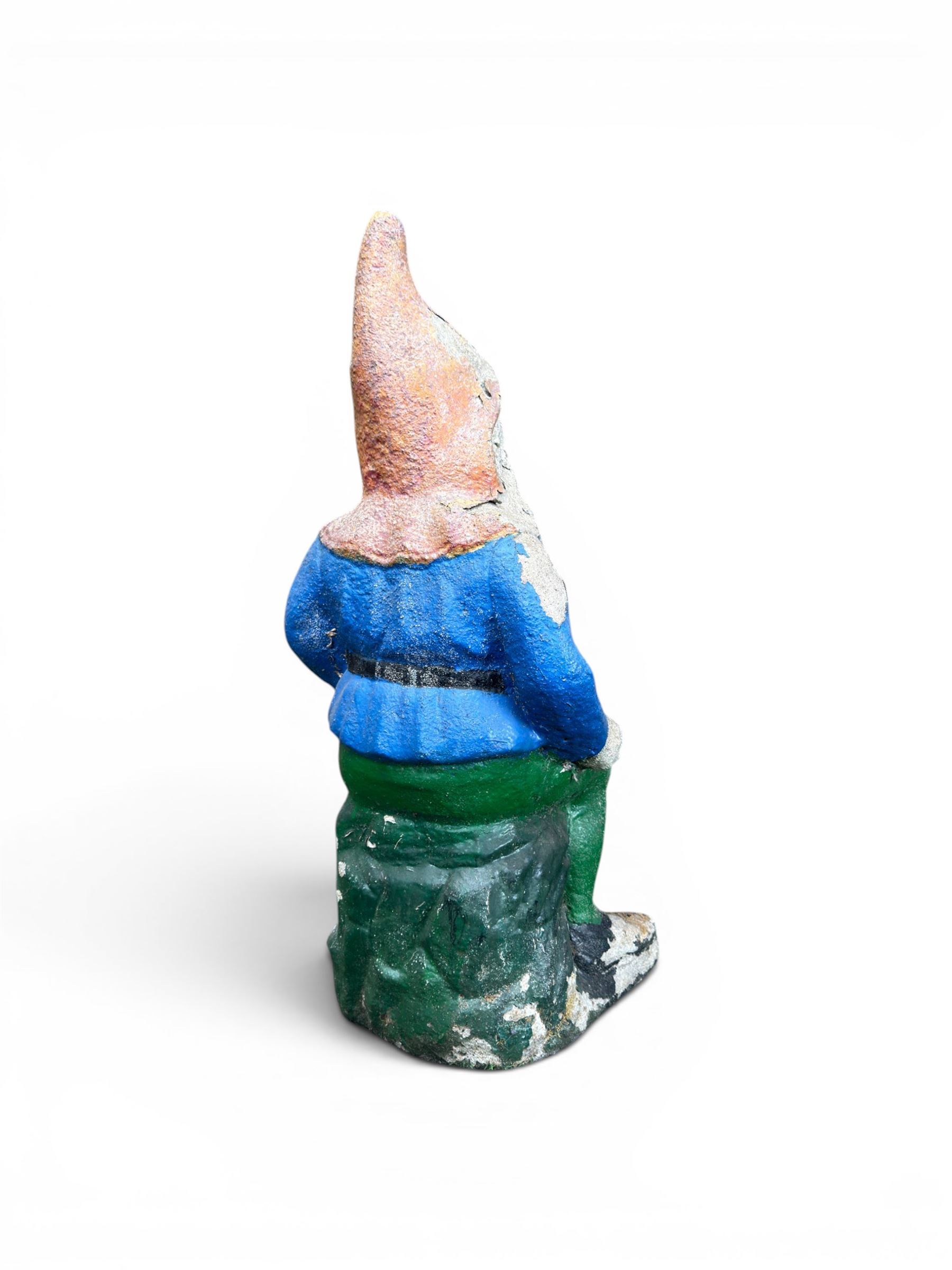 Early large scale composite stone garden gnome, original distressed paint