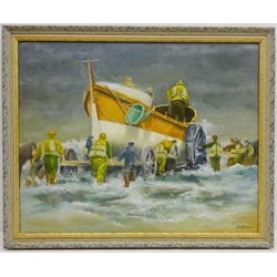  'The Launch of the Whitby Lifeboat', oil on canvas board signed A. Atkinson 40cm x 50.5cm  