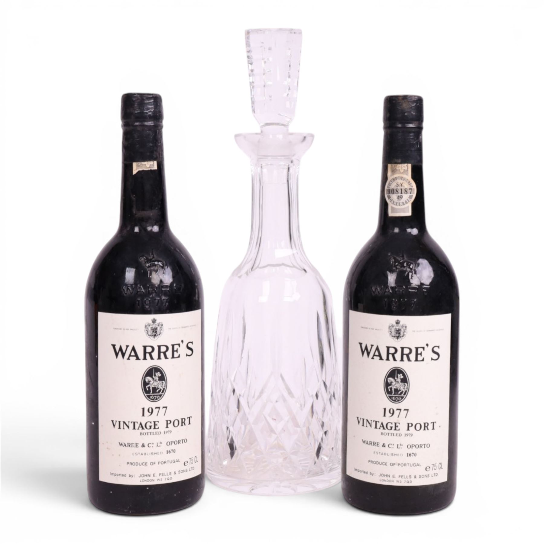 Warre's 1977 vintage port, 75cl unknown proof, two bottles, with Waterford Lismore pattern glass decanter