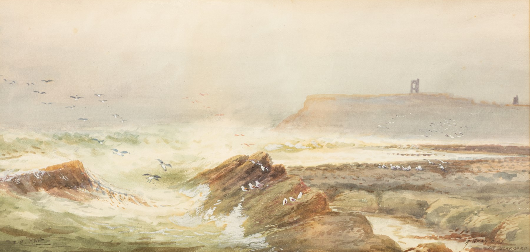 S E Hall (British fl.1910-1930): 'A Grey Day in Scarborough' and 'A Bit of Old Whitby', pair of watercolours signed and titled, in matching frames 20.5cm x 42.4cm (2)