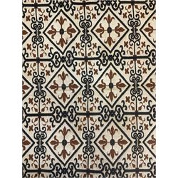 Flatweave pale ground rug, multiple panels decorated with lozenges, divided by scrolled decoration 