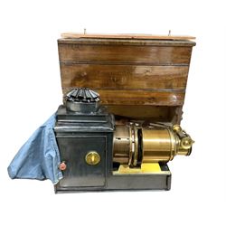 19th Century brass and tin magic lantern, with wooden carry case H36cm, L45cm