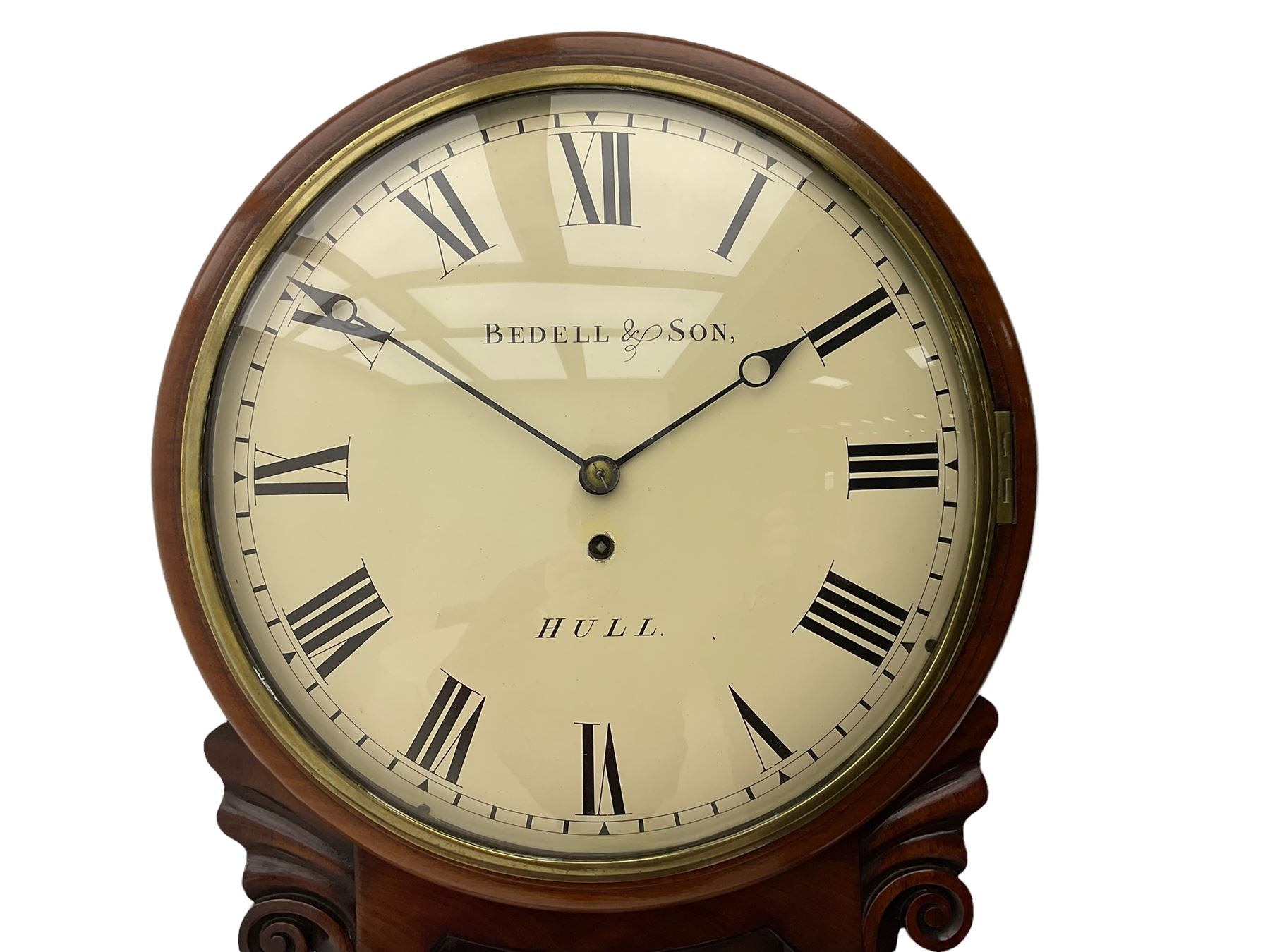 A single fusee 8day drop dial mahogany cased wall clock, c1860 with a