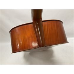 3/4 size cello with soft case, 69cm back length, 114cm full length, with bridge, ebonised tail piece and fingerboard.