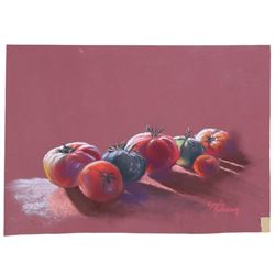 Lynda Robinson (Australian Contemporary): 'A Little Light Exercise' and Still Life of Tomatoes, two pastels signed, one titled verso max 37cm x 28cm; together with one print and one art card (4) (three unframed)