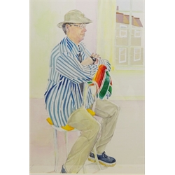  Solange B Emery-Wallis (British 20th century): 'Nigel's Blue Striped Shirt', mixed collage, signed and dated 2000, titled verso on Royal Academy label verso 52cm x 35cm and View from a Window, watercolour by the same hand signed 37cm x 54cm (2)  