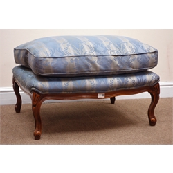  Victorian mahogany serpentine shaped footstool, upholstered in a buttoned blue striped fabric with a floral pattern with a matching fitted cushion, cabriole legs, W75cm, H33cm, D63cm  