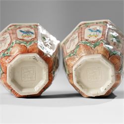 Pair of Chinese Kangxi period Blanc de Chine octagonal 'Immortals' beakers, Dehua, enamelled in Europe, Shi Zhongtun mark to base, H6.5cm (2)