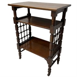 Late 19th century oak three-tier stand or bookcase, on turned supports with lattice sides, on turned feet with castors