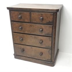  Victorian walnut chest, two short and three long drawers, plinth base, W92cm, H108cm, D54cm  