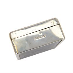 Group of silver, comprising Edwardian cigarette case, of rectangular form with embossed cartouche and band decoration, hallmarked John Round & Son Ltd, Sheffield 1909, 1920s silver mounted cigarette box, with personal engraving to hinged cover and softwood interior, hallmarked Birmingham 1926, and a Victorian matchbox cover with embossed decoration, hallmarked William Comyns, London 1898, thimble and a toothpick, both hallmarked, cigarette box H3.5cm