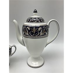 Wedgwood navy Florentine pattern coffee service for six, comprising coffeepot, coffee cans and saucers, milk jug, twin handled covered sucrier and small dish