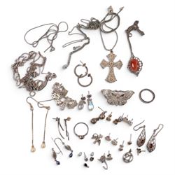Silver and costume jewellery, including bracelet, necklaces, chains, earrings, brooch, rin...