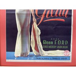 Columbia Films 'Gilda' film poster, starring Rita Hayworth and Glenn Ford, framed, poster 47cm x 35cm