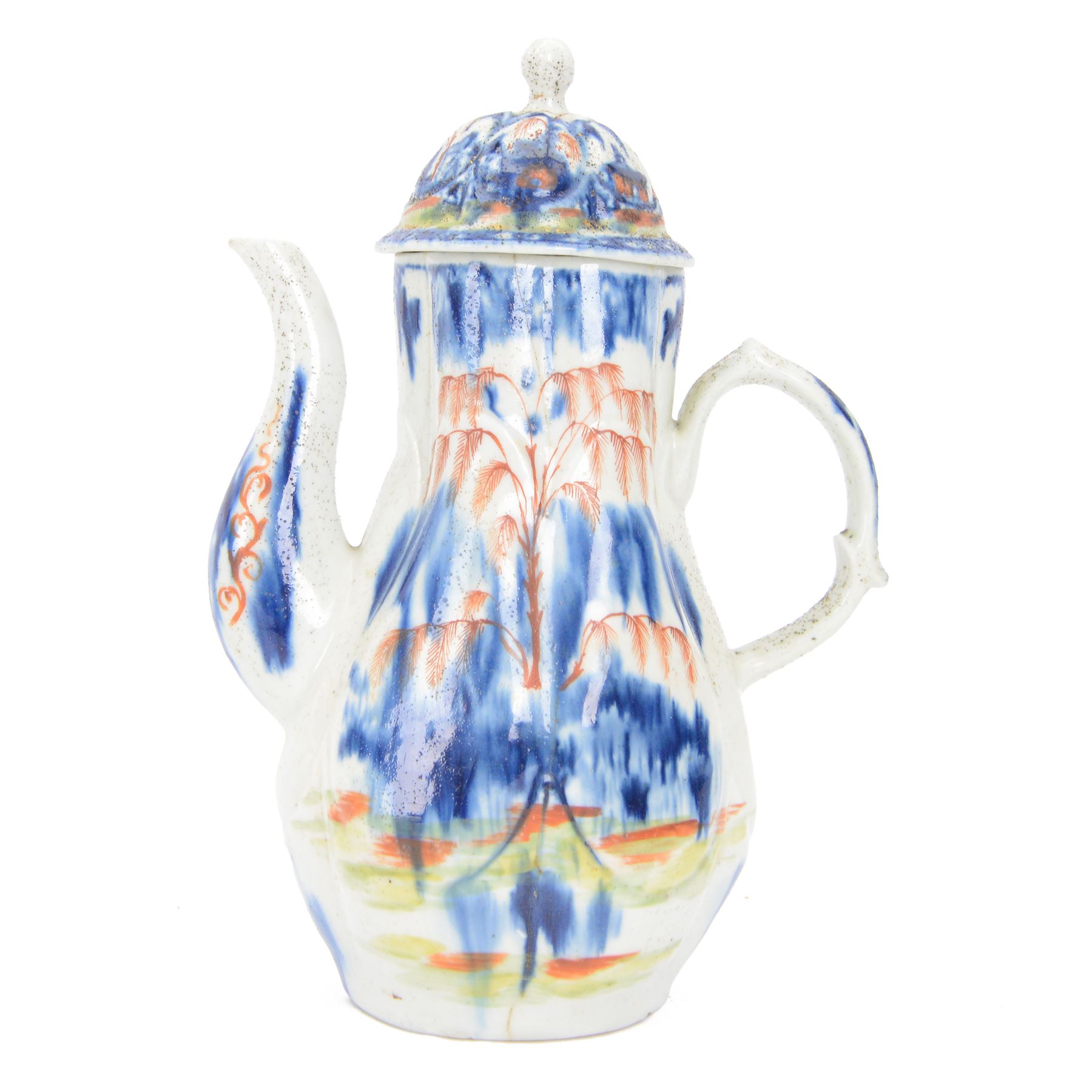 Rare mid 18th century West Pans coffee pot, circa 1764-1770, of baluster form, the moulded six lobed body decorated in underglaze blue with a chinoiserie landscape, picked out in red and green enamel, H26cm