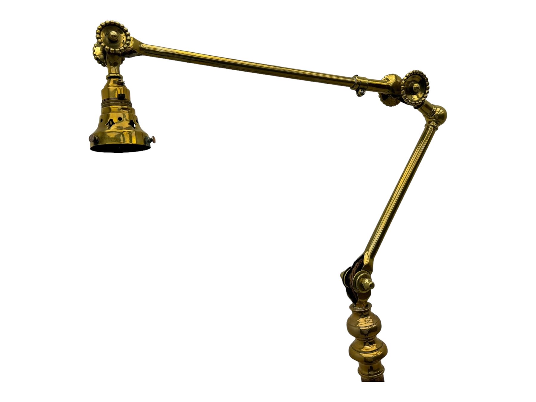 Early 20th century brass adjustable floor lamp, Royal Doulton decorative ceramic base embellished with raised floral and scroll patterns, stamped, brass column and adjustable arms terminating in brass bulb holder