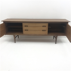 Mid 20th century Younger teak sideboard, two cupboards flanking three graduating drawers on tapering supports, W209cm, H75cm, D50cm