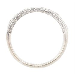 18ct white gold and platinum diamond half eternity ring, two rows each set with ten old cut diamonds, the sides with engraved decoration, Birmingham 1985, total diamond weight approx 1.20 carat