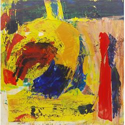 Geoffrey Harrop (British 1947-): 'Abstract in Yellow', acrylic on board signed, titled verso with artist's address 60cm x 60cm
