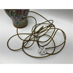 19th century Chinese Canton Famille Rose vase, decorated with figural panels against floral and foliate scroll ground, converted to a lamp, H46cm