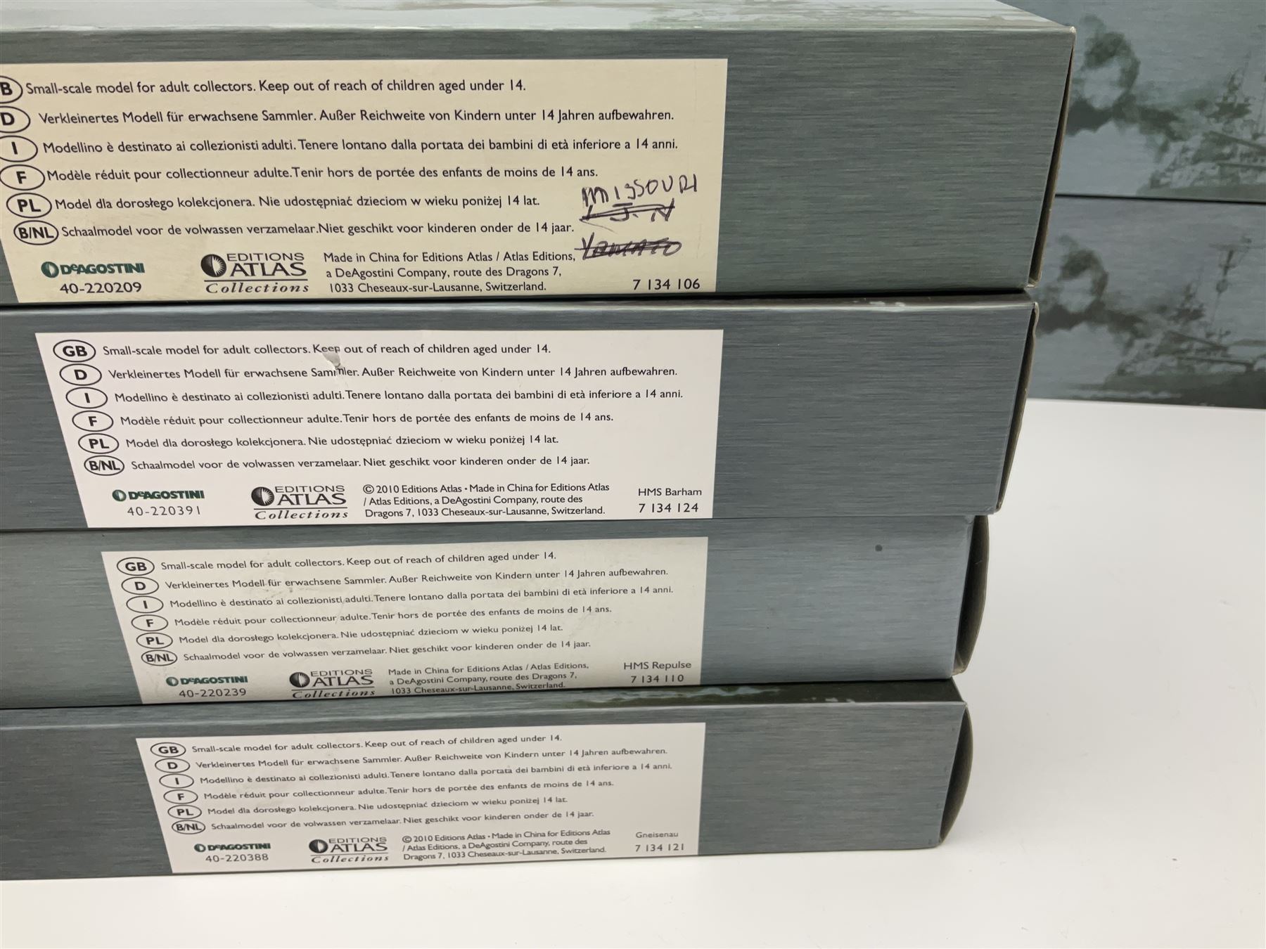 Seventeen Atlas Editions Collections battleships in original boxes, to include HMS Ramillies, Yamato, HMS Repulse, Missouri etc
