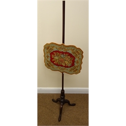  Early 20th century mahogany pole screen (W43cm, H139cm) and an inlaid fire with screen with tapestry detailing (2)  