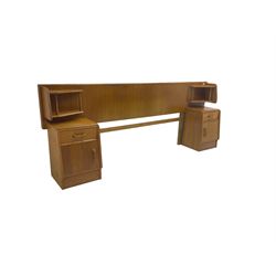 G-Plan - 'Brandon' oak headboard with open shelves to each side (W222cm H86cm), with two matching bedside cupboards, fitted with single drawer over cupboard (W37cm H53cm)