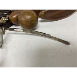 Quantity of mid 19th century and later photographs to include cartes des visites,  together with a small oval mirror, early 20th century clock, Bakelite cigarettes box, three hallmarked silver spoons, pair of Georgian spectacles with extending arms, silver and gold Plated reproduction icon, other silver plate and metal ware etc