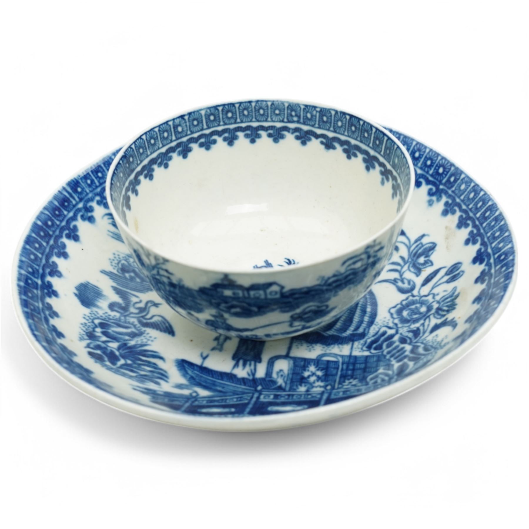 18th century Caughley tea cup and saucer of fluted design decorated in blue and gilt, blue 'S' mark, Bloor Derby coffee can and saucer in red, blue and gilt; 18th century Worcester tea bowls decorated in the Pleasure Boat or Fishermans pattern, and a Liverpool tea bowl decorated in the Penningtons Cannonball pattern
