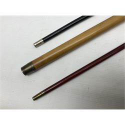 Three parade ground canes - malacca cane Coldstream Guards with plated mount engraved 'H.A. Myhan' L87cm; ebonised Church Lads Brigade 'Fight The Good Fight'; and mahogany stained Worcestershire Regiment (3)