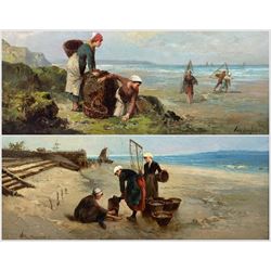 Paul Huguenin Virchaux (Swiss 1870-1919): Fishergirls on the Shore, pair oils on canvas signed 34cm x 64cm (2)
