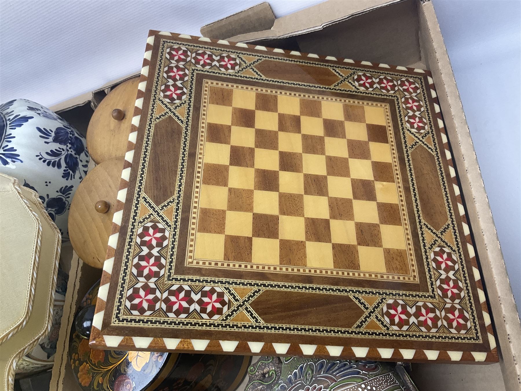 Set of metal weighing scales, pair of Chinese style ceramic table lamps, blue and white ceramics, oriental ceramics and a collection of other glassware, metal ware and collectables, in five boxes 