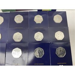 Mostly United Kingdom Queen Elizabeth II commemorative fifty pence coins, including 2019 'Gruffalo', 2020 'Iguanodon', 2022 'The Queen's Jubilee' etc, housed on cards, face value of UK coins approximately 20 GBP