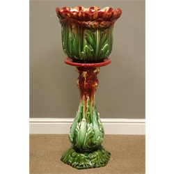  Victorian Ault ceramic jardiniere on stand, the bowl moulded with floral swags on naturalistic stand, H95cm x D38cm   