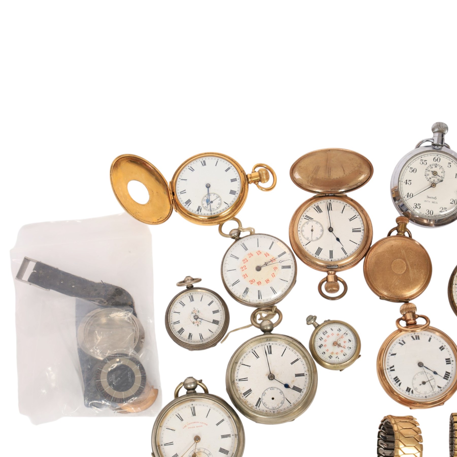 Omega De Ville Dynamic dial, Omega case and movement parts and watch strap buckle, collection of gold-plated and nickle pocket watches including Waltham Traveller half hunter and other wristwatches