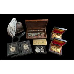 Silver spoon and thimble, two packs of gold foil playing cards, five modern collectable pocket watches and a collection of coins, etc 