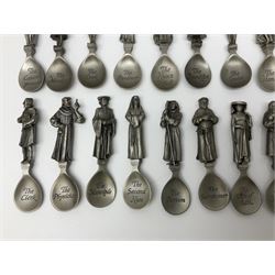 Set of forty three miniature Franklin Mint pewter figures of the Kings and Queens of England, with certificate of authenticity and information cards, together with a collection of twenty four Franklin Mint pewter Charles Dickens character spoons