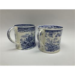 Two large 19th century blue and white transfer printed mugs, to include a John Rogers & Son Athens pattern example, decorated with classical landscape with ruins, within a border of flowers and scrolls, H12cm, the other example also decorated in a landscape view, and marked beneath Campania, H12.
