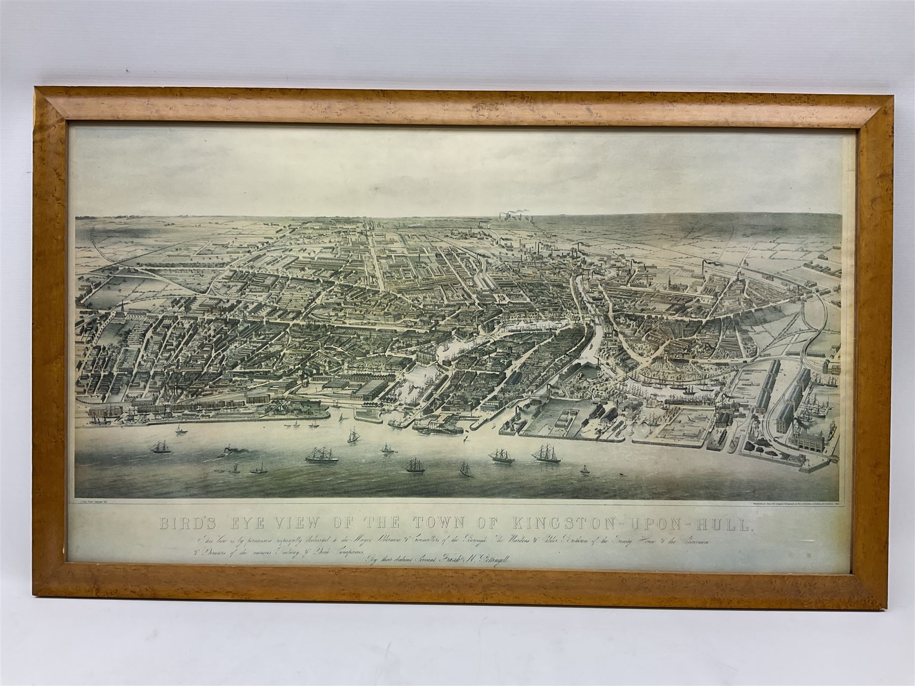 Edwardian shop advertising calendar for Bristow & Co. Ltd Tea Specialists of Hull 1905 depicting a half length portrait of a pensive young lady entitled 'Our Father', 73 x 47cm, oak and gilt frame and After J Stead (British 20th century): 'Bird's Eye View of the Town of Kingston-upon-Hull', reproduction lithograph pub. 1990, 49cm x 87cm (2). NOW UNFRAMED. 