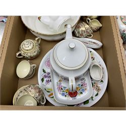 Quantity of ceramics, to include Royal Albert Old Country Roses coffee pot and large bowl, Villeroy & Boch, Wedgwood Majolica, Kalocsa of Hungary, Beswick Basset Hound, Herend of Hungary, mid century vase of tapering form with orange and black striped decoration, etc in three boxes