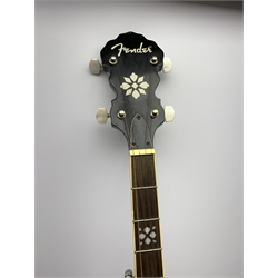 American/Korean Fender mahogany five-string banjo with mother-of-pearl inlaid rosewood finger board, serial no.KD03080778, L99cm, in TGI soft carrying case