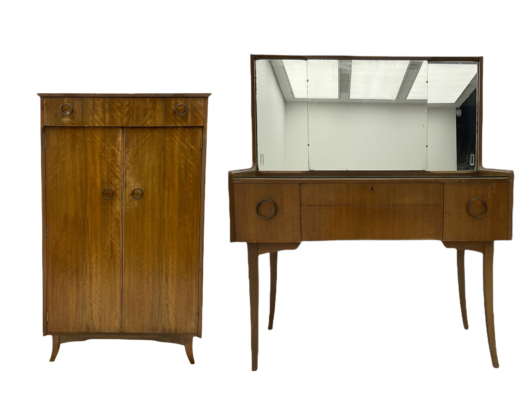 Retro sapele mahogany dressing table with sliding mirror compartments, and matching tallboy
